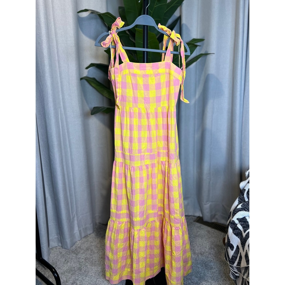 Aura Pink Yellow Gingham Tiered Maxi Dress Tie Shoulder Pockets Small